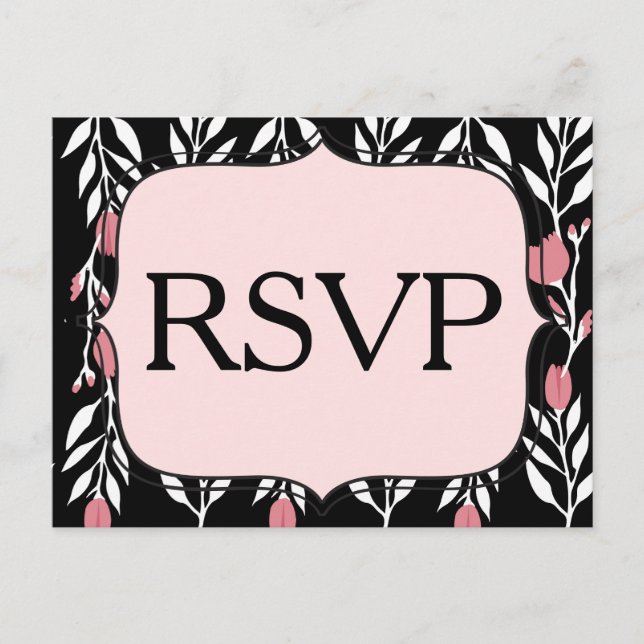 Postal De Invitación RSVP Blanco rosa floral y negro (Anverso)