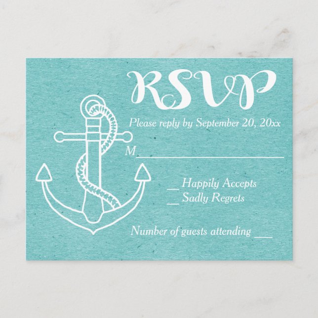 Postal De Invitación RSVP Boda Náutico Ancla de barco azul turquesa (Anverso)