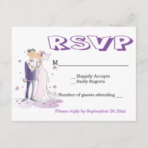 Postal De Invitación RSVP Boda Novia y Novio Fiesta Cartoon Púrpura