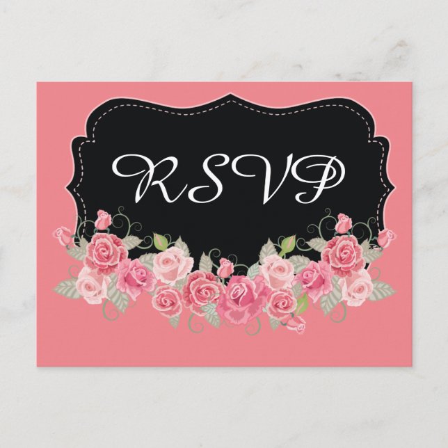 Postal De Invitación RSVP Bonito rosa y negro (Anverso)