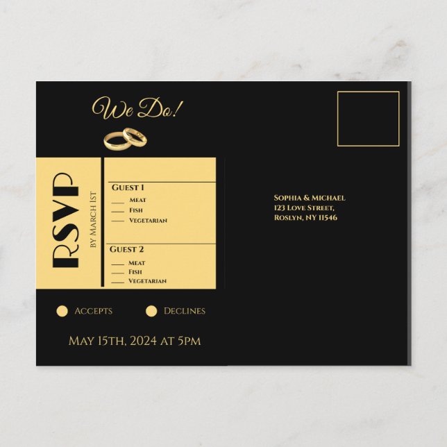 Postal De Invitación RSVP de Black and Gold Wedding (Reverso)