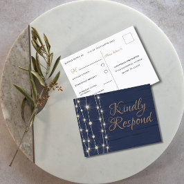 Postal De Invitación RSVP de Boda Azul Rústico y Dorado