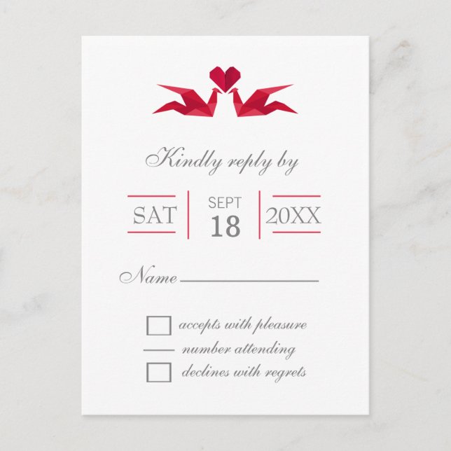 Postal De Invitación rsvp de boda de grúas rojas origami (Anverso)