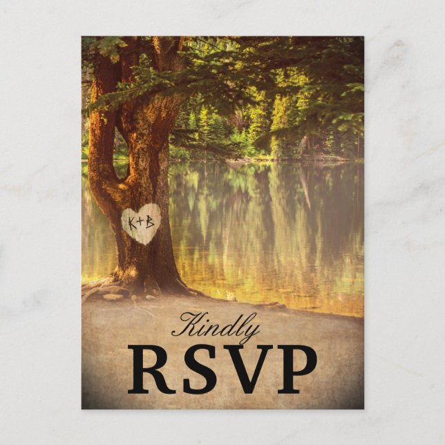 Postal De Invitación RSVP de boda de lago de árbol rústico (Anverso)