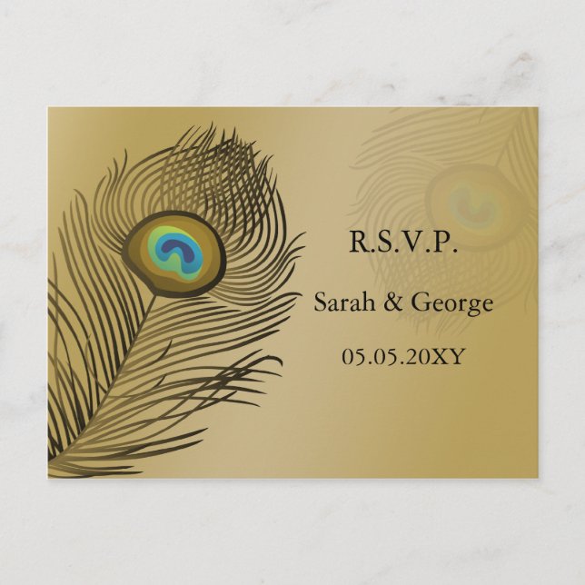 Postal De Invitación rsvp de boda de pavo real dorado (Anverso)