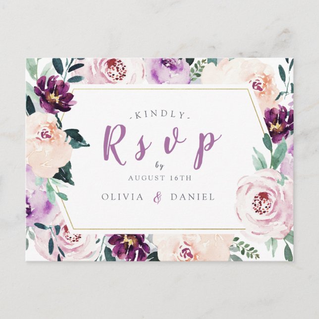 Postal De Invitación RSVP de boda floral botánica morada florecida (Anverso)
