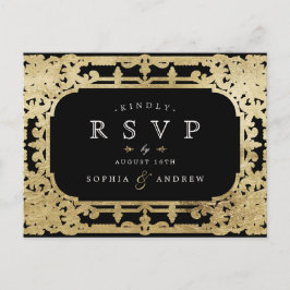Postal De Invitación RSVP de boda romántica y romántica en negro y dora