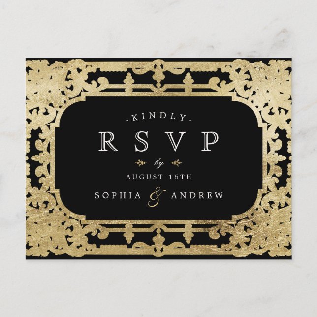 Postal De Invitación RSVP de boda romántica y romántica en negro y dora (Anverso)