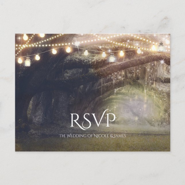 Postal De Invitación RSVP de bodas con luces forestales encantadas de B (Anverso)