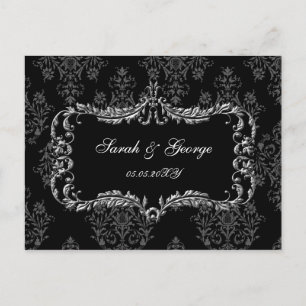Postal De Invitación rsvp de damasco negro y gris floreciente