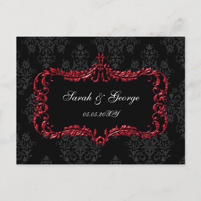 Postal De Invitación rsvp de damasco negro y rojo floreciente (Anverso)