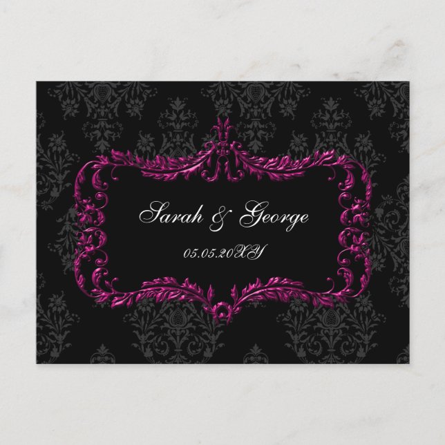 Postal De Invitación rsvp de damasco negro y rosa floreciente (Anverso)