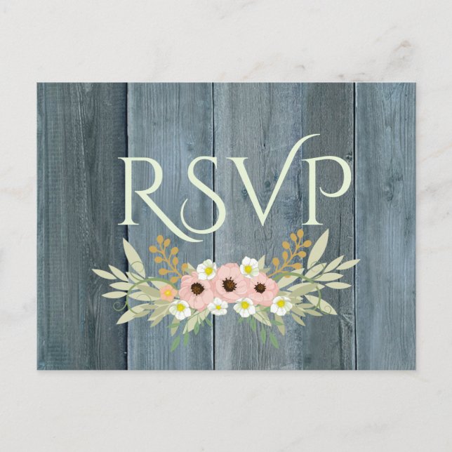 Postal De Invitación RSVP de Floral Rústica y Rosa de Madera (Anverso)