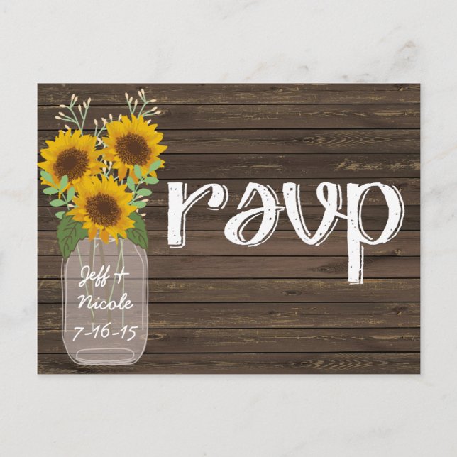 Postal De Invitación RSVP de Madera y girasoles de matrimonio rústico (Anverso)