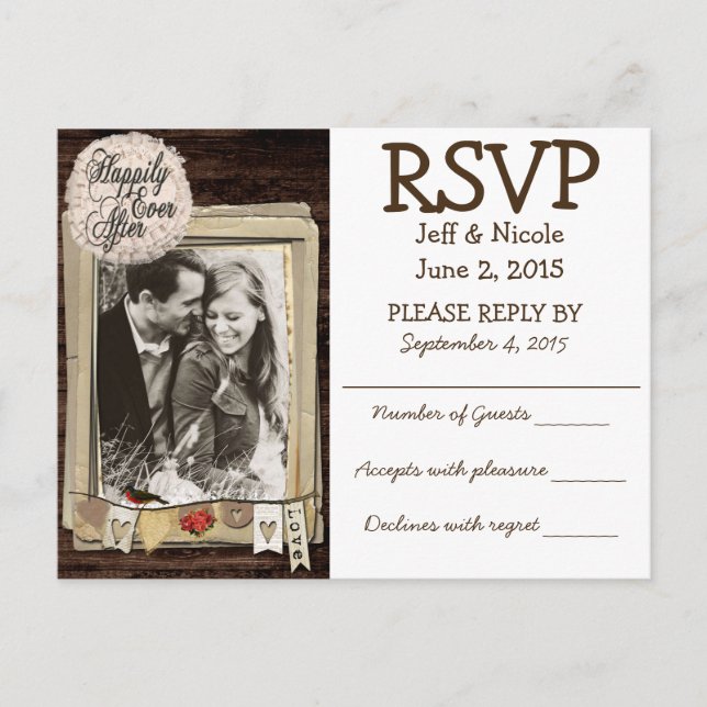 Postal De Invitación RSVP de matrimonio rural con fotografía de pareja  (Anverso)