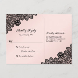 Postal De Invitación RSVP de matrimonio rústico de encaje floral negro 