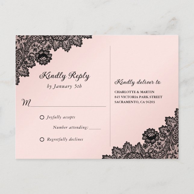 Postal De Invitación RSVP de matrimonio rústico de encaje floral negro  (Reverso)