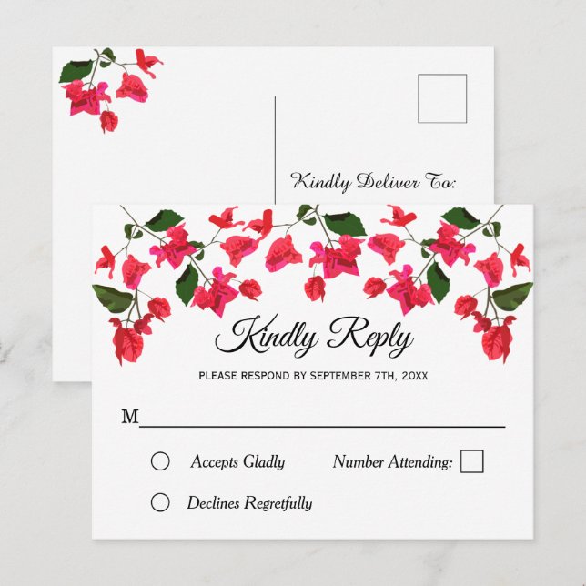 Postal de invitación RSVP floral con Bougainvillea (Anverso / Reverso)