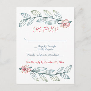 Postal De Invitación RSVP Floral Hojas de Laurel Gris Azul Flores Rojas