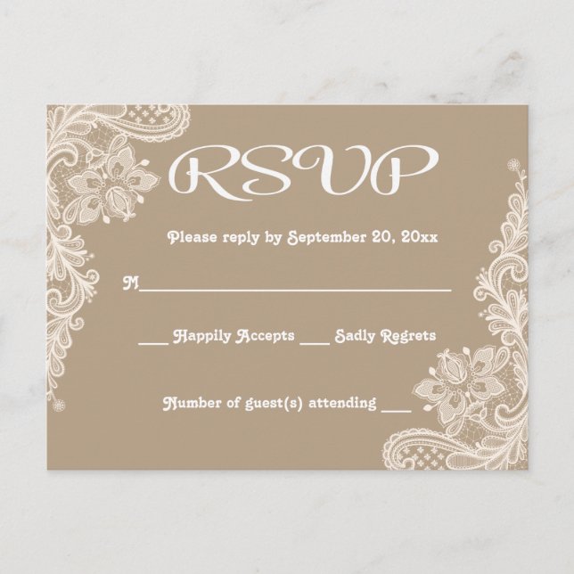 Postal De Invitación RSVP Floral Lace Brown & White Lacy Tan (Anverso)