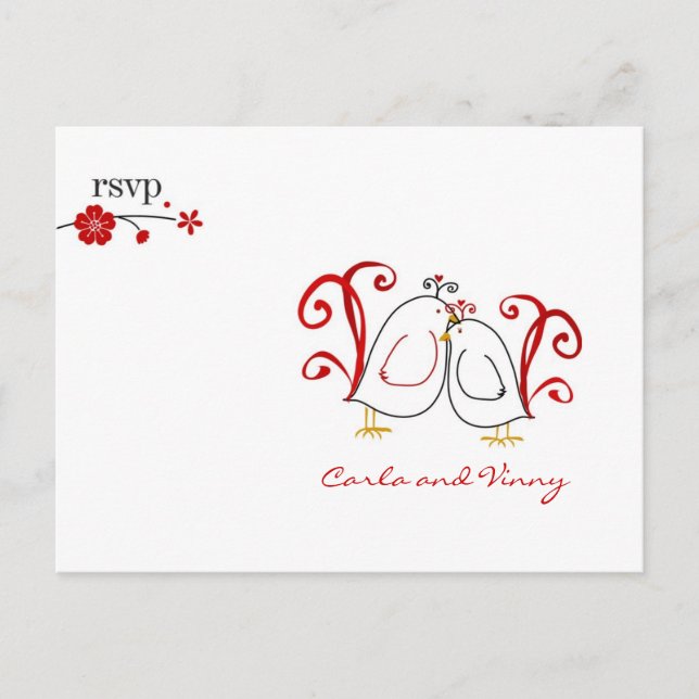 Postal De Invitación RSVP lovebirds y cerezo en flor PC (Anverso)