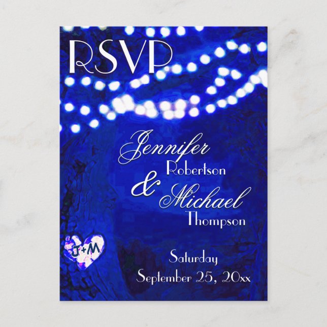 Postal De Invitación RSVP - Luces en azul de árboles (Anverso)