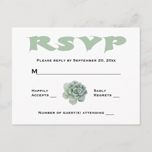 Postal De Invitación RSVP Mint Green Suculento Cactus Respuesta Boda (Anverso)
