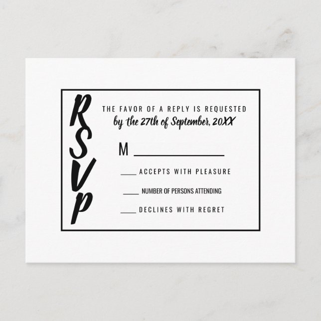 Postal De Invitación RSVP moderna de Pinstripe en blanco y negro (Anverso)