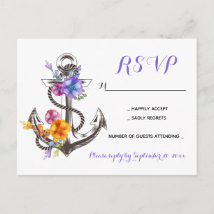 Postal De Invitación RSVP Náutico Floral Ancla Bodas Playa Púrpura