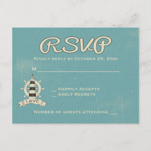 Postal De Invitación RSVP Náutico Rueda de Barco Faro Azul Turquesa