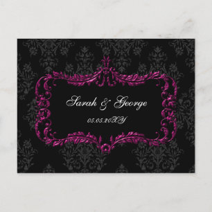 Postal De Invitación rsvp negro y rosado del flourish real del damasco