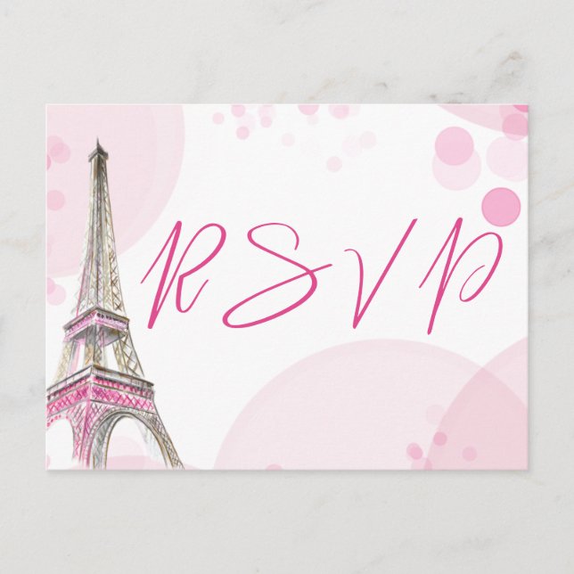 Postal De Invitación RSVP Paris Torre Eiffel Dulce Blanco Rosa 16 (Anverso)