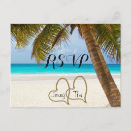 Postal De Invitación RSVP playa amor corazones boda palma arena surf fe