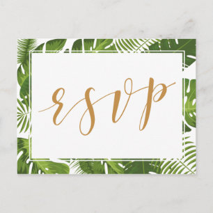 Postal De Invitación RSVP Postcard oro tropical y boda verde