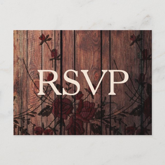 Postal De Invitación RSVP Red Floral Faux Lace y Madera (Anverso)