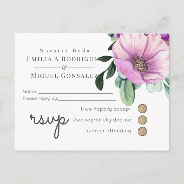 Postal De Invitación RSVP Rusal Purple Nuestra Boda Boda española (Anverso)