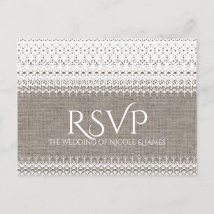 Postal De Invitación RSVP Rústica Burlap & Elegant Lace Wedding