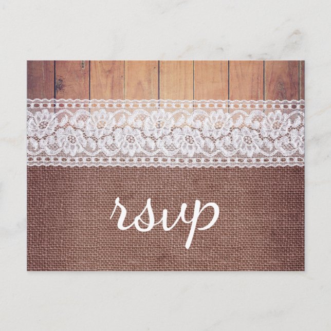 Postal De Invitación RSVP Rústica Burlap Lace & Wood (Anverso)