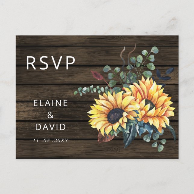 Postal De Invitación RSVP Rústico De Barn Wood Country Sunflowers (Anverso)
