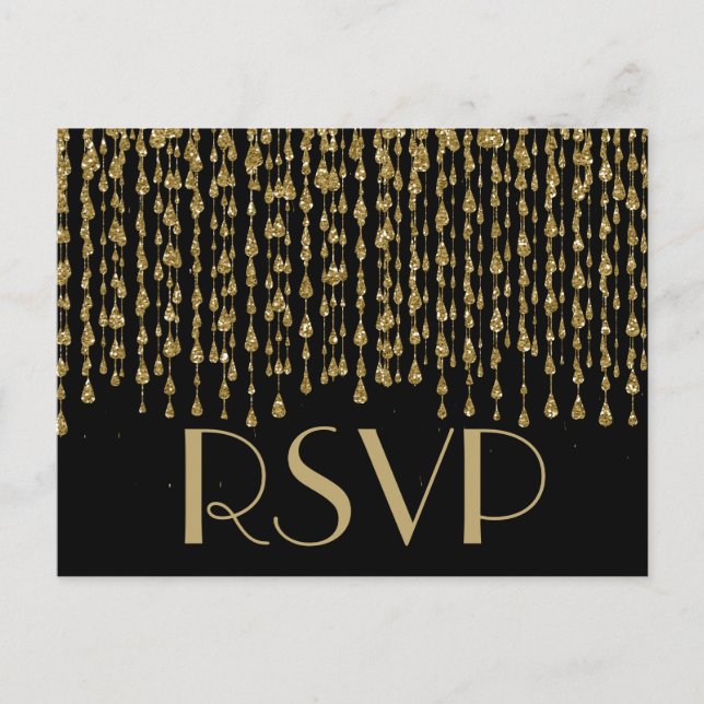 Postal De Invitación RSVP | Streaming de Confetti dorado con fondo negr (Anverso)