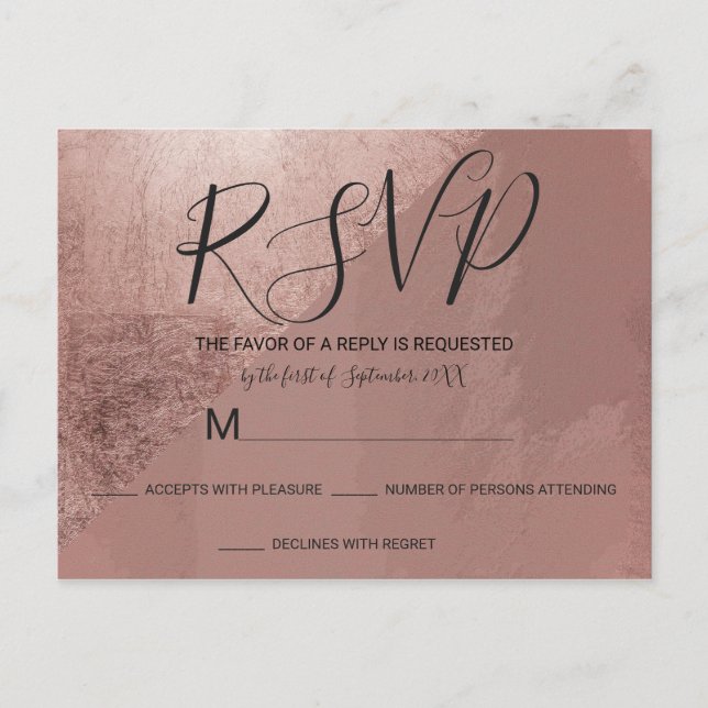 Postal De Invitación RSVPs de Relieve metalizado moderno Rosa Gold Faux (Anverso)