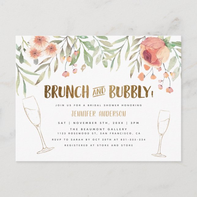 Postal De Invitación Rubor Floral & Gold Brunch & Bubbly Bridal Shower (Anverso)