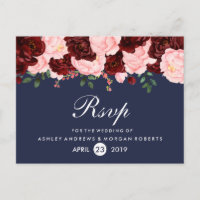 Rubor Pink Burgundy Flowers Navy Blue Wedding RSVP