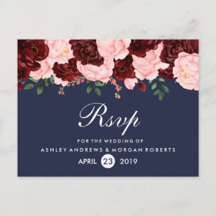 Postal De Invitación Rubor Pink Burgundy Flowers Navy Blue Wedding RSVP