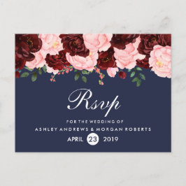 Postal De Invitación Rubor Pink Burgundy Flowers Navy Blue Wedding RSVP