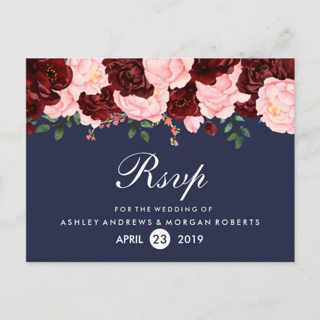 Postal De Invitación Rubor Pink Burgundy Flowers Navy Blue Wedding RSVP (Anverso)
