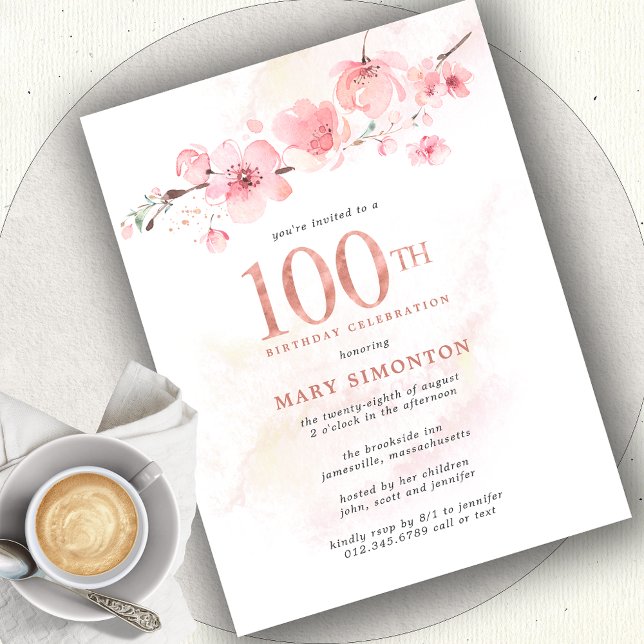 Postal De Invitación Rubor Pink Floral 100 cumpleaños (Subido por el creador)