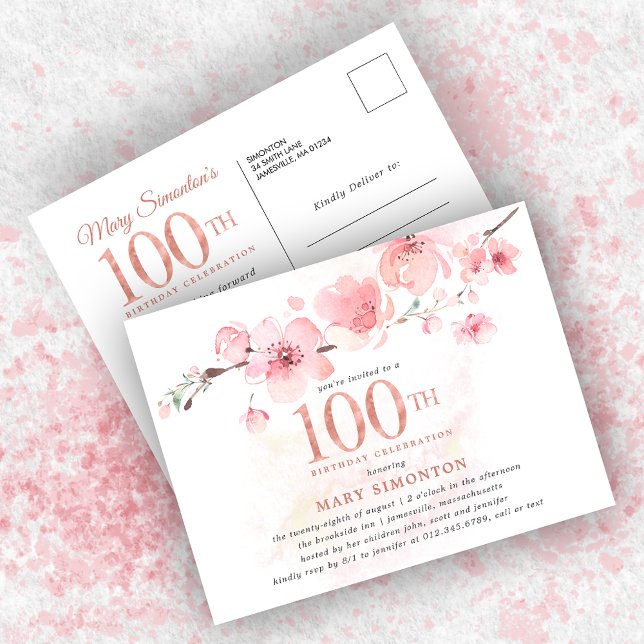 Postal De Invitación Rubor Pink Floral 100 cumpleaños (Subido por el creador)