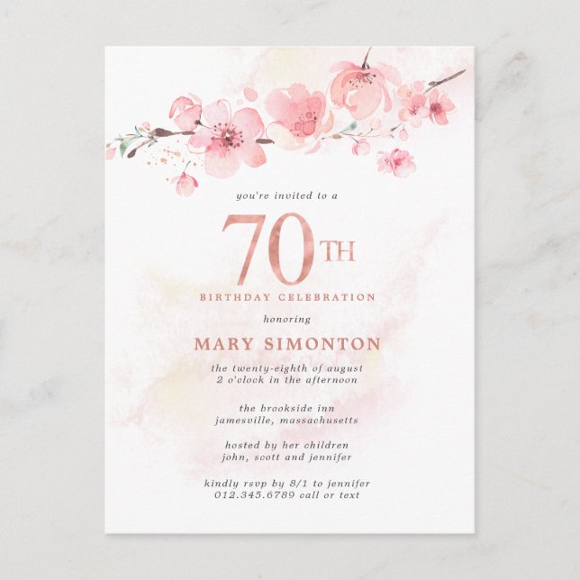 Postal De Invitación Rubor Pink Floral 70 cumpleaños (Anverso)