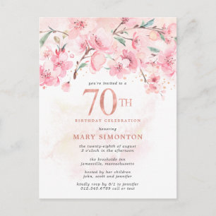 Postal De Invitación Rubor Pink Floral 70th Birthday Invitation Postcar